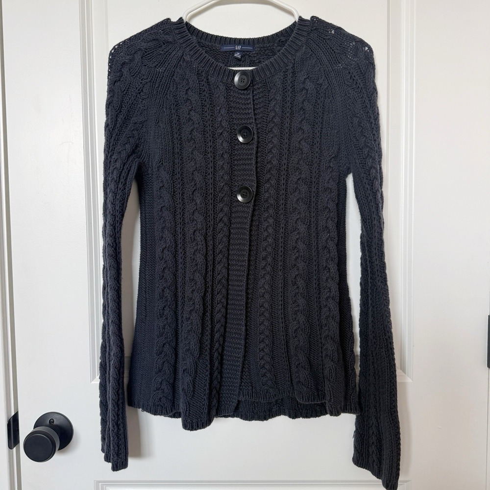Vintage Y2K Gap Womens Cable Knit Fisherman Cardigan Medium Navy Preppy Coastal